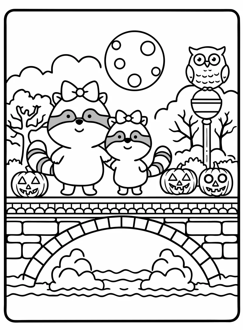Coloring page: two raccoons on a bridge with pumpkins and an owl