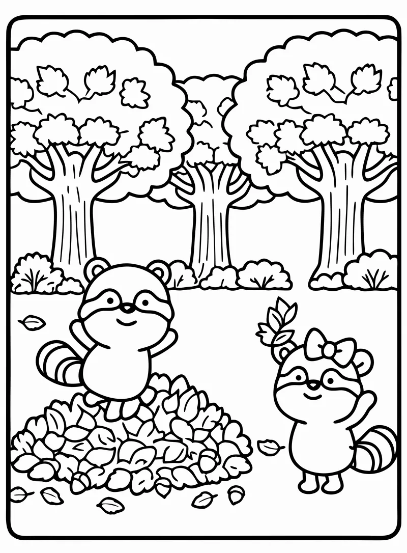 Two little raccoons playing in a big pile of autumn leaves