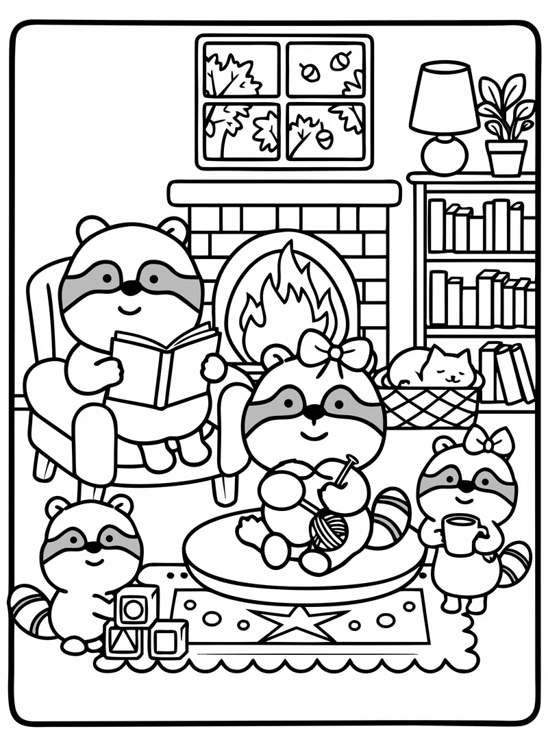 Raccoon family warming up by the fireplace at home