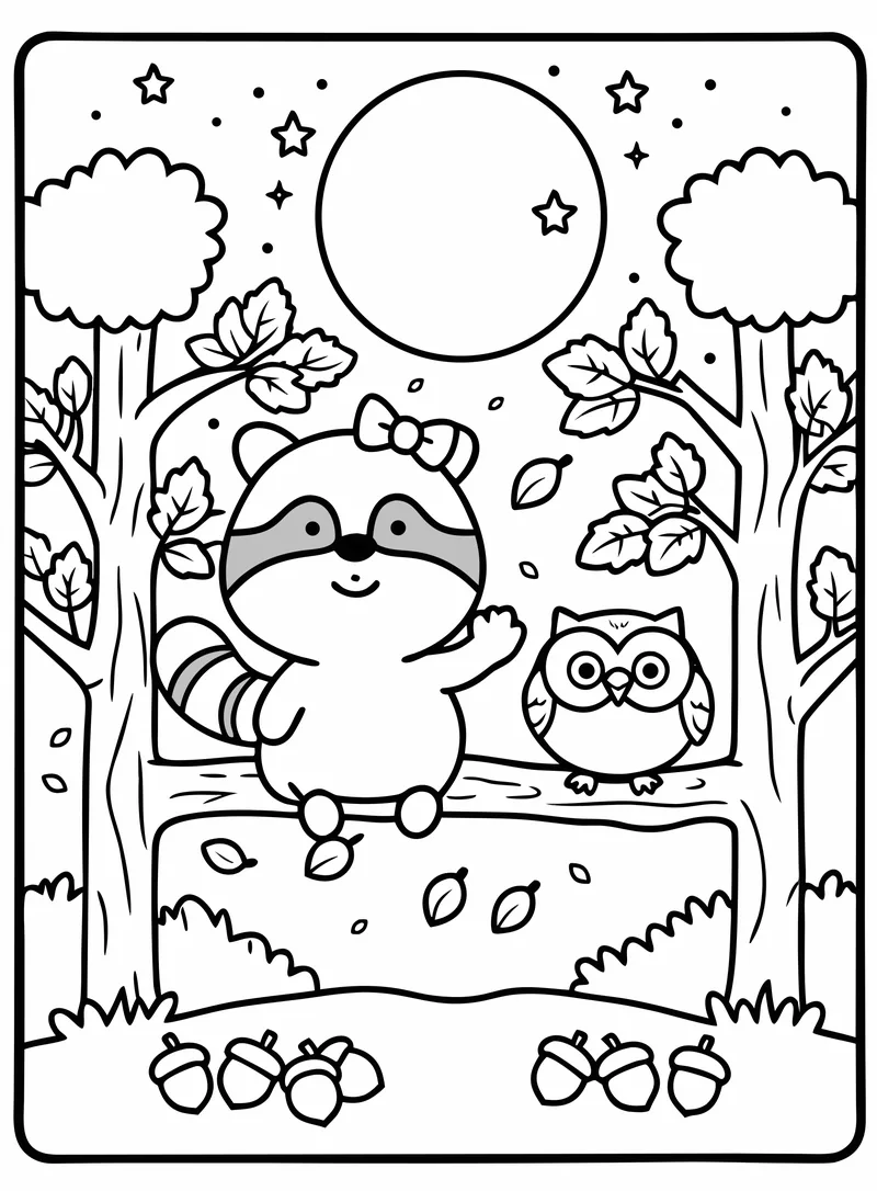 Little raccoon and an owl sitting on a branch under a full moon