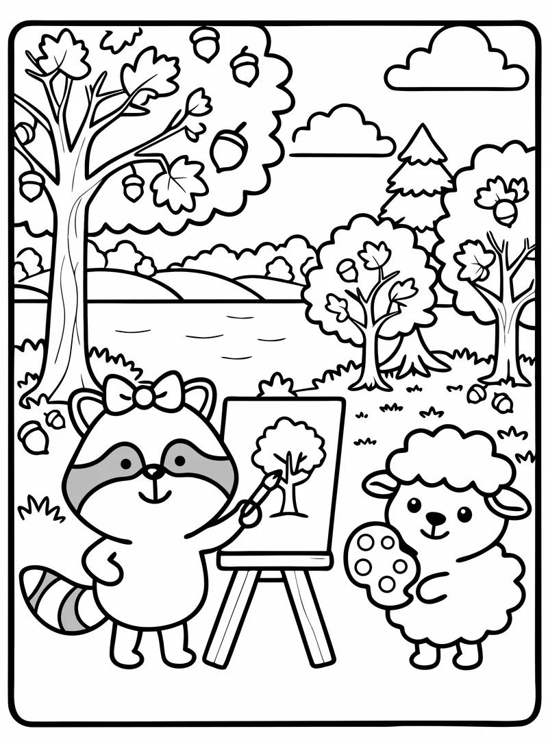 A raccoon painting a tree at her easel next to a sheep