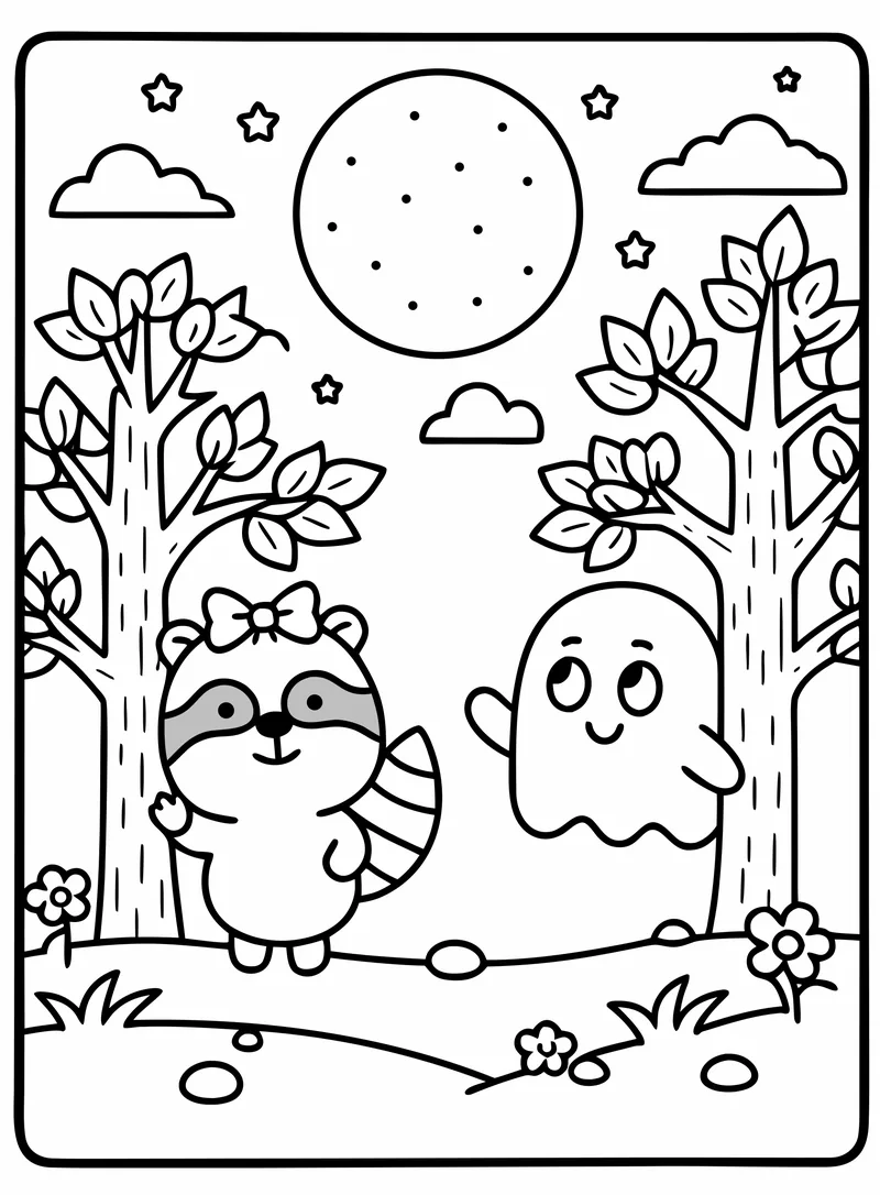 Little Sis waving at the shy little Ghost under a full moon