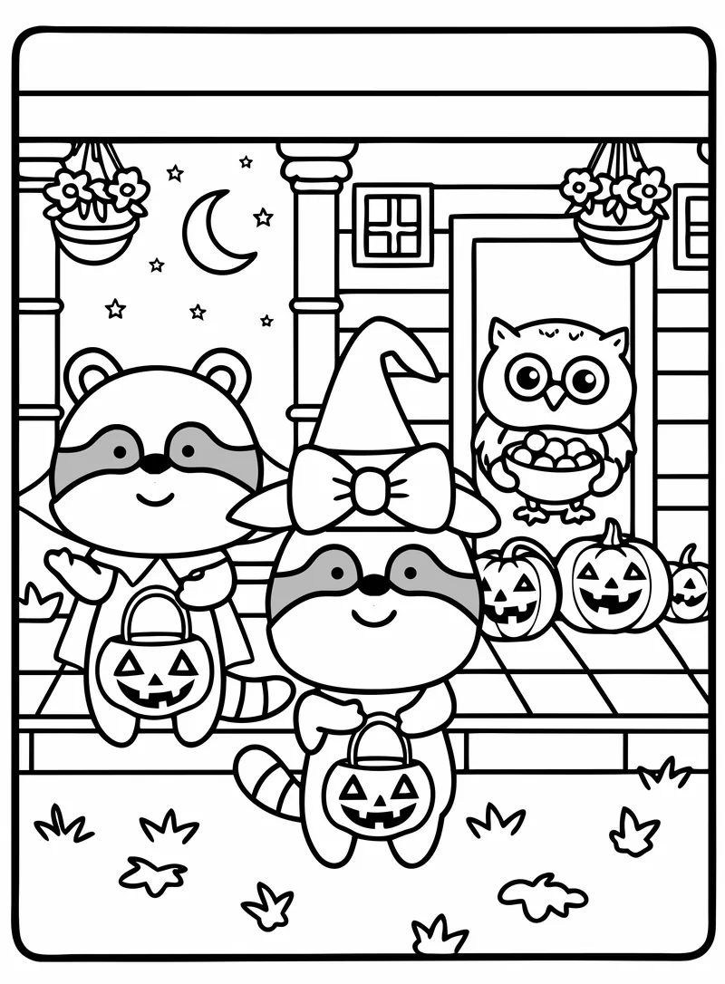 Raccoons trick-or-treating at the owl’s door