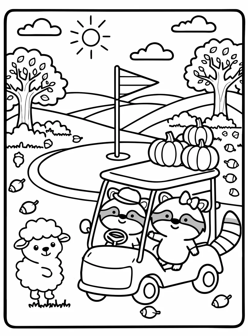 The family riding a golf cart full of pumpkins