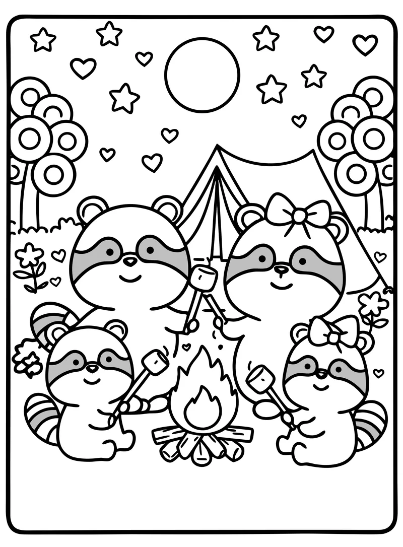 The raccoon family toasting marshmallows by the campfire