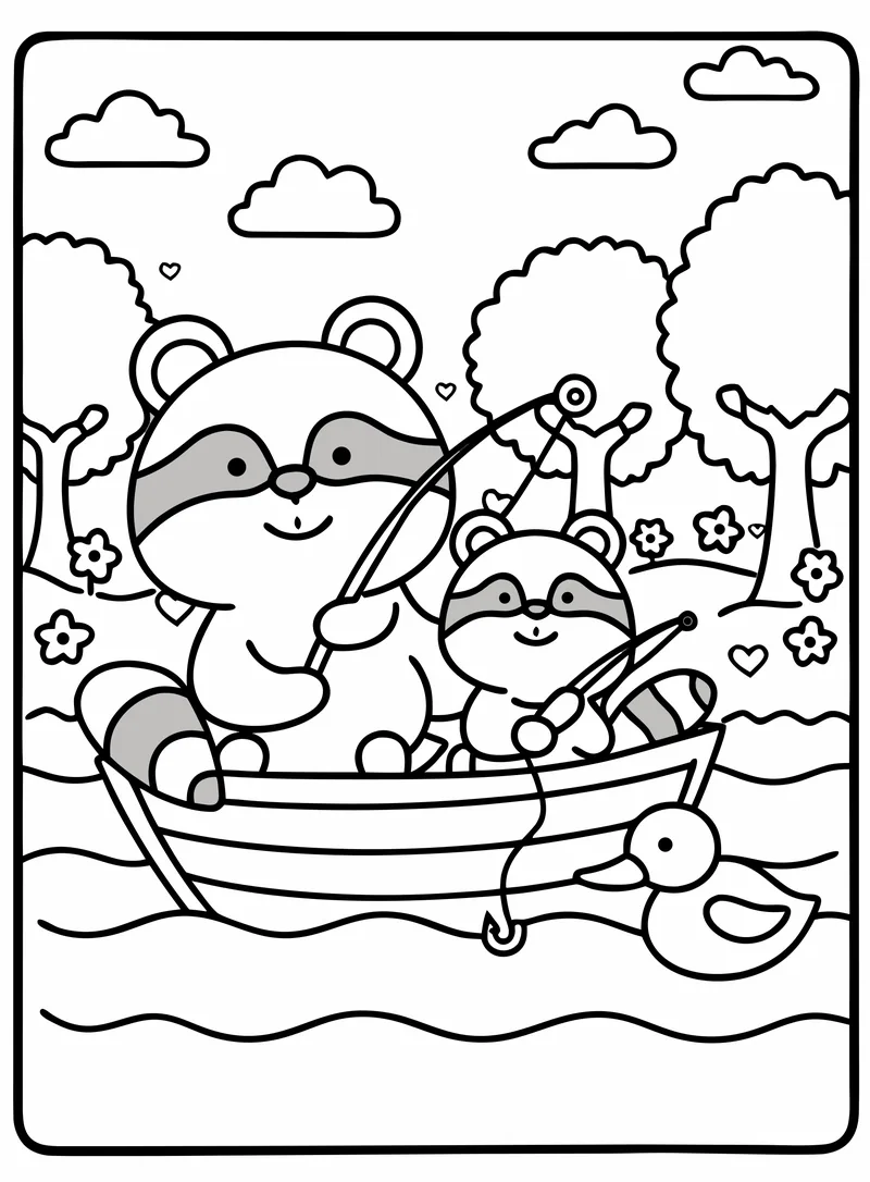 Two raccoons fishing from a little boat on the lake