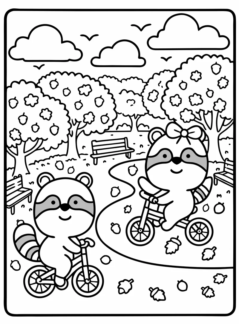 Two raccoons riding bikes through an autumn park
